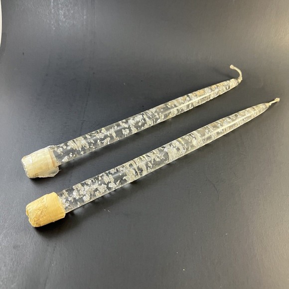 Design Vintage Set 2 Clear W Gold Flake Lucite Acrylic Taper Candles